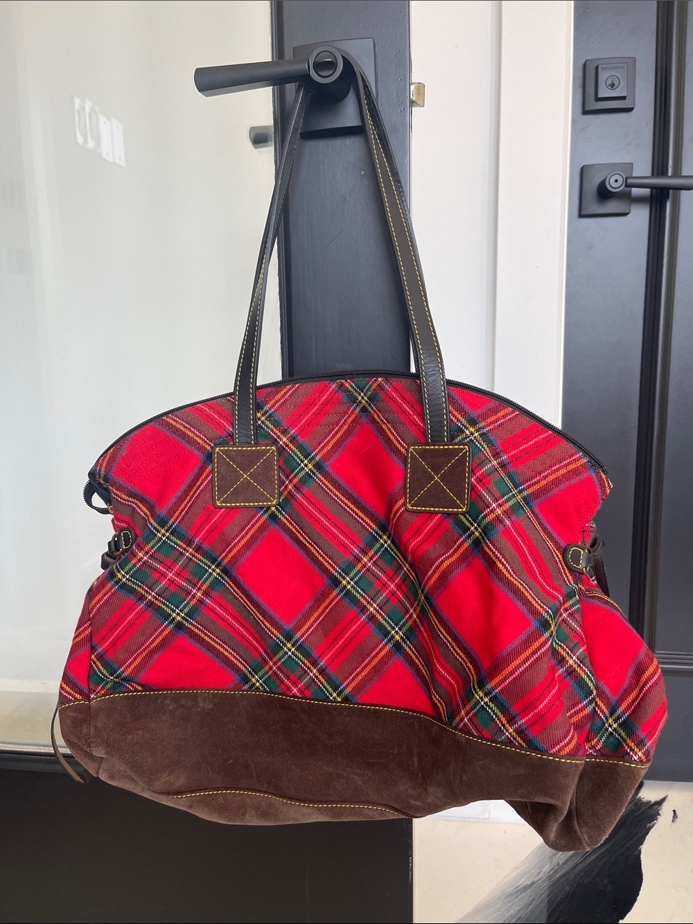 Dooney & Bourke Red Tartan Plaid Tote with Brown Suede Base - Picture 2 of 2
